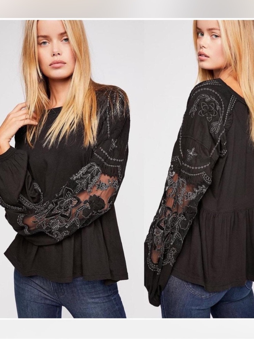 Free People "Penny Tee" features sheer mesh sleeves with intricate embroidered